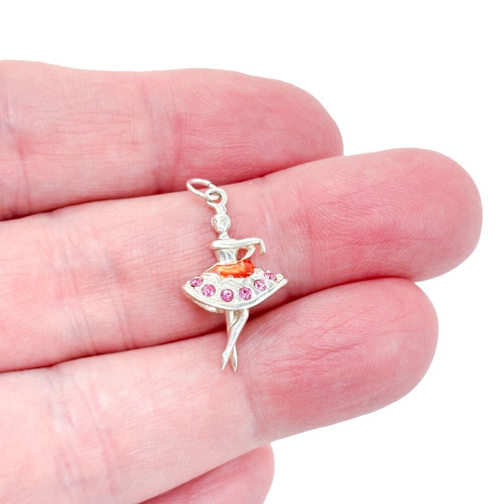 Vintage Sterling Silver 925 Pink Cubic Zirconia & Enamel Ballerina Pendant